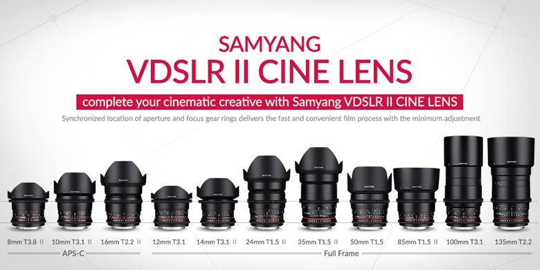 Samyang T1.5 de 24mm, 35mm, 50mm e 85mm Gama de lentes MK2 VDSLR Cine